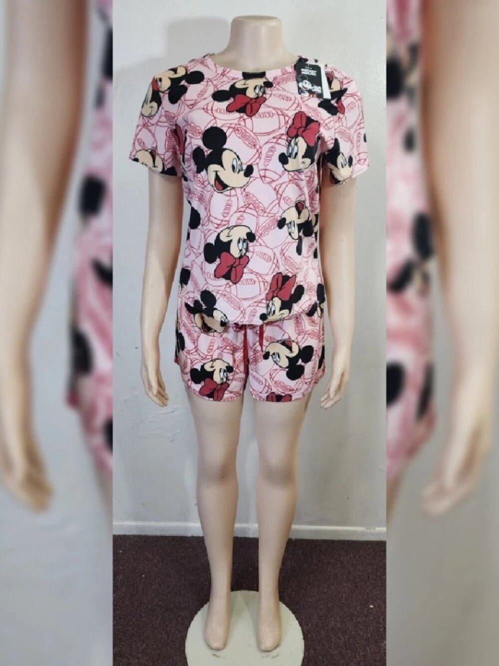 MICKEY MINNIE PAJAMAS WOMEN'S ALLOVER FACE LOGO 2 PCS SIZE S ADJUSTABLE